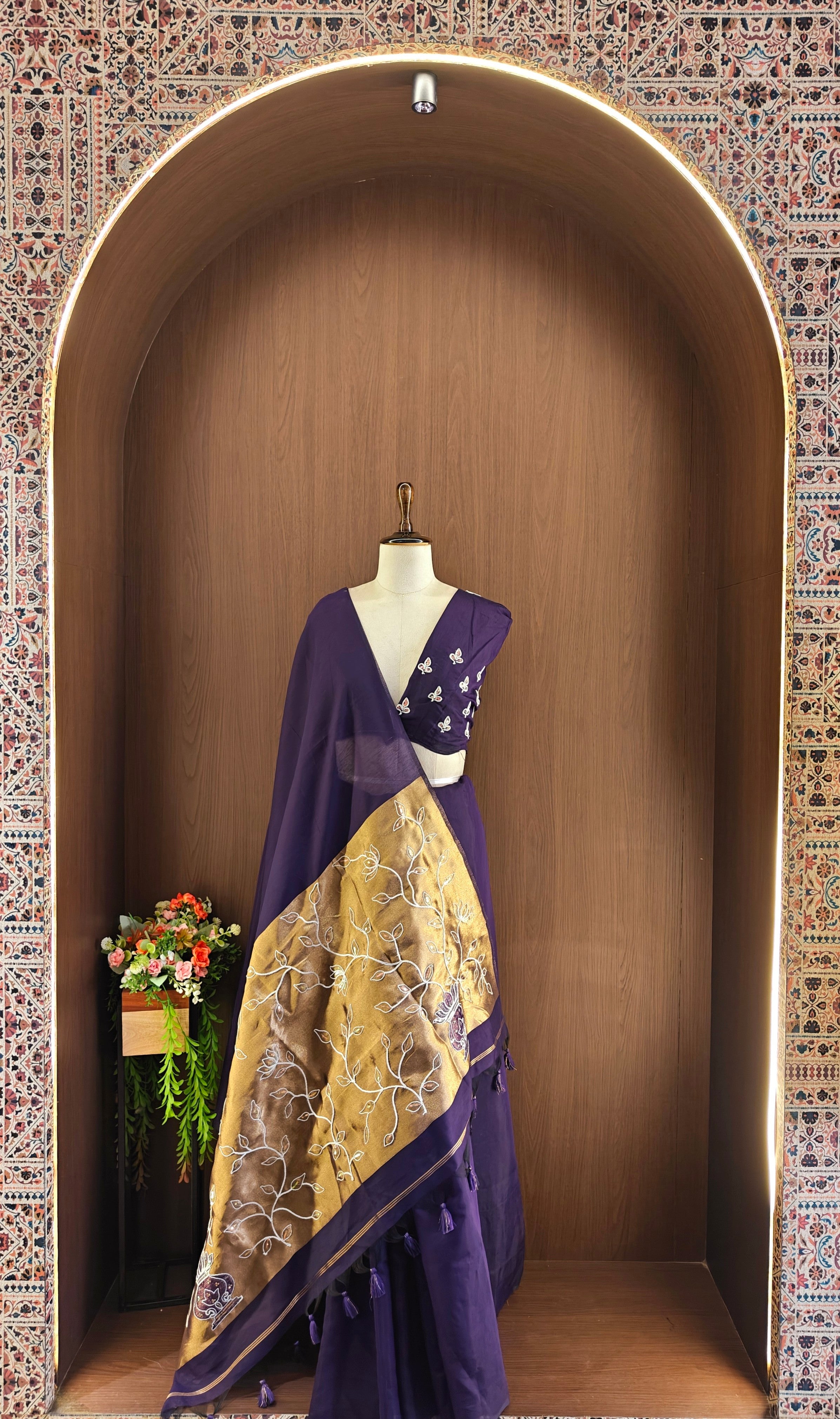 Organza Silk Saree with Heavy Gold Zari Floral Pallu & Embroidery Blouse -Purple