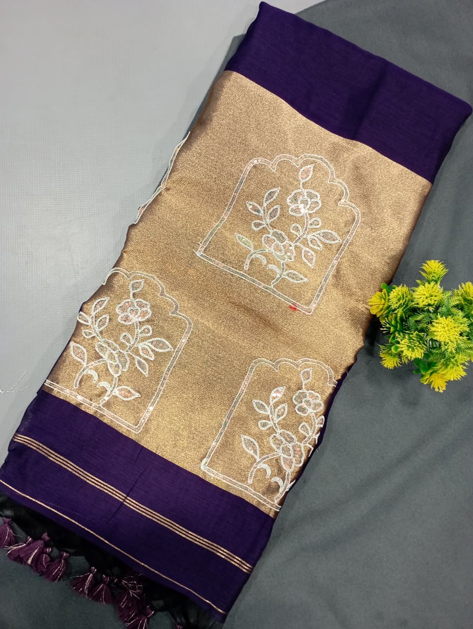 Elegent Pure Cotton Saree With Zari Pallu With Heavy Seq -PURPLE