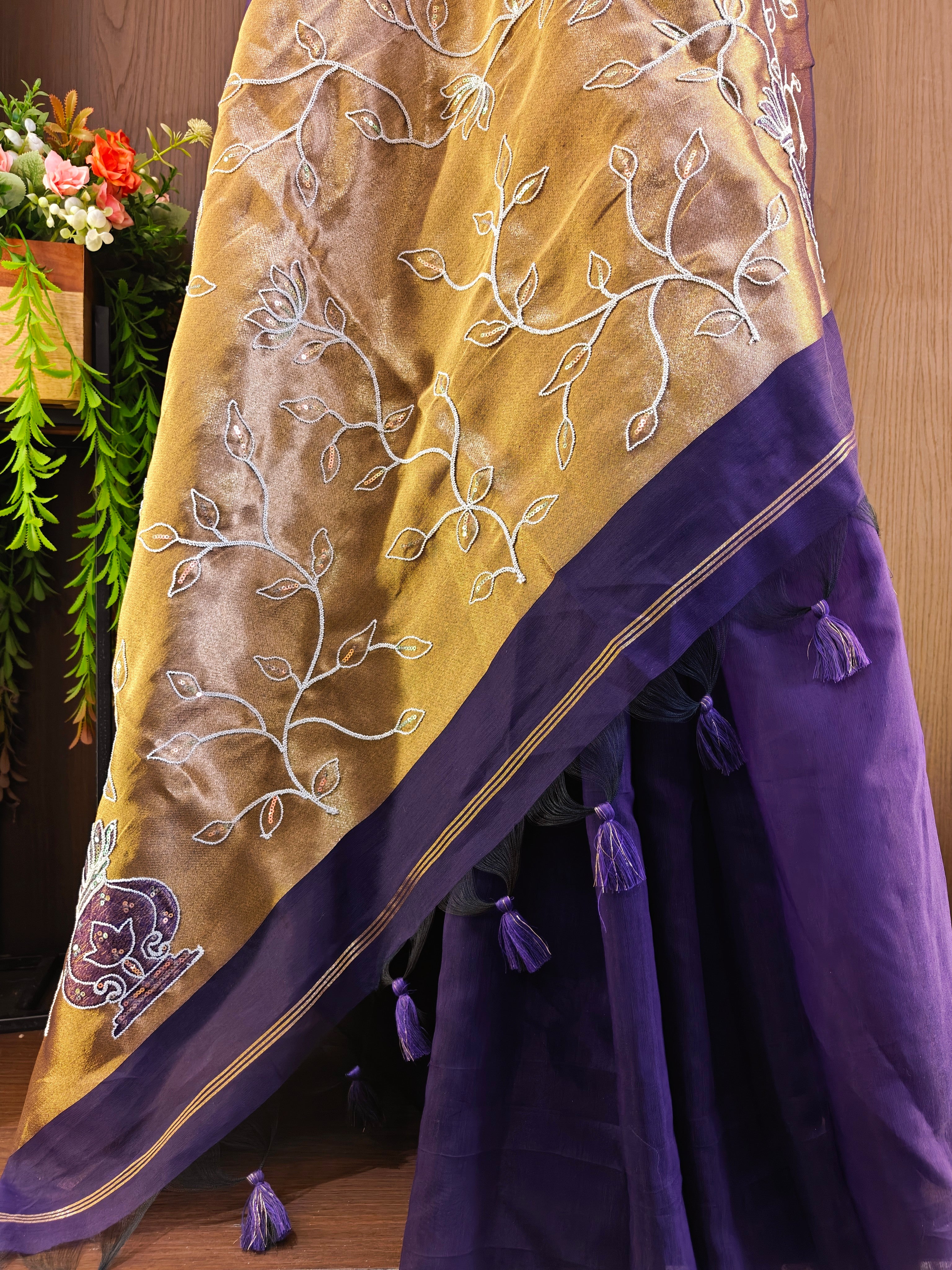 Organza Silk Saree with Heavy Gold Zari Floral Pallu & Embroidery Blouse -Purple