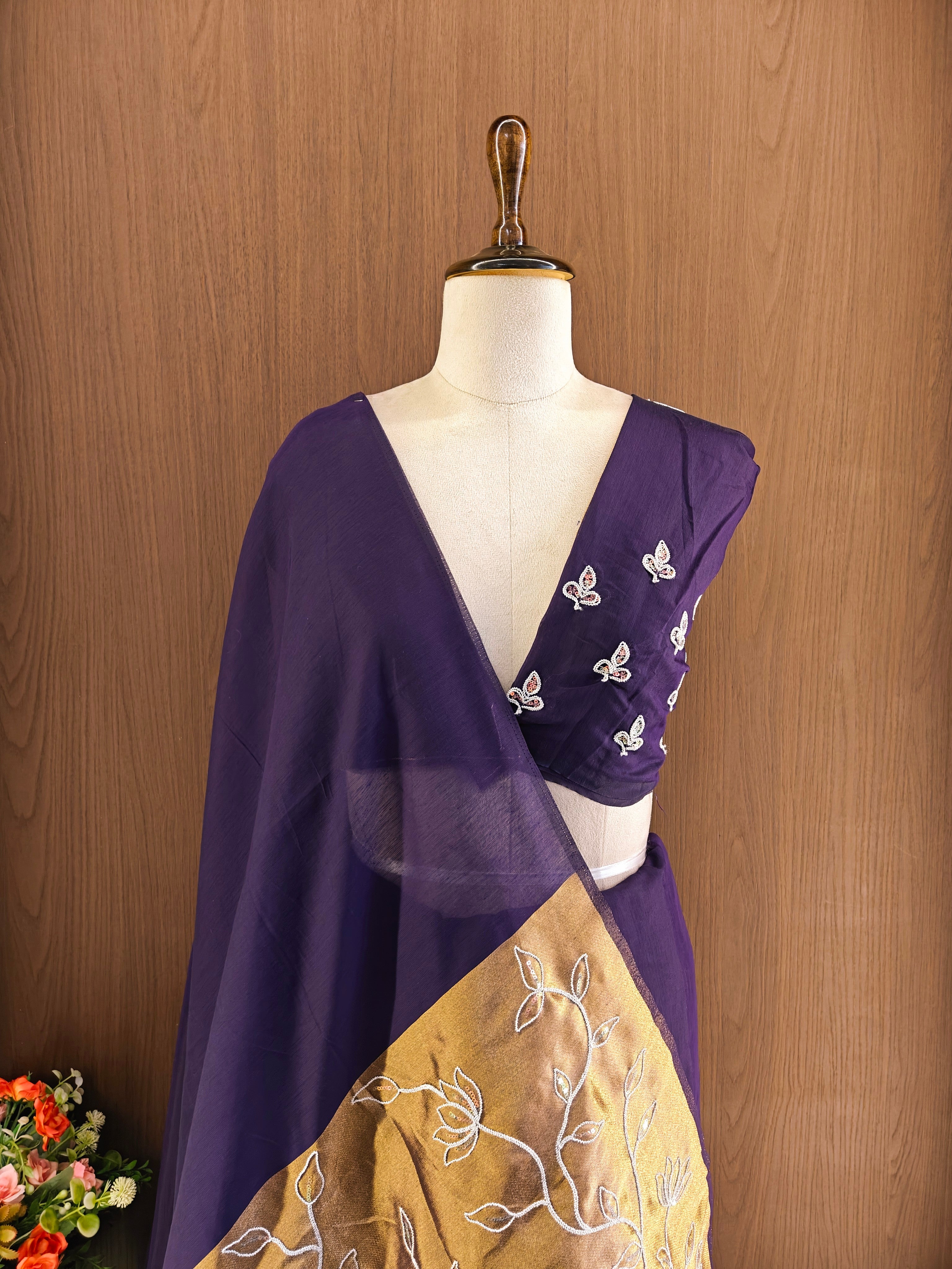 Organza Silk Saree with Heavy Gold Zari Floral Pallu & Embroidery Blouse -Purple