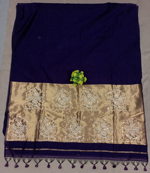 Elegent Pure Cotton Saree With Zari Pallu With Heavy Seq -PURPLE