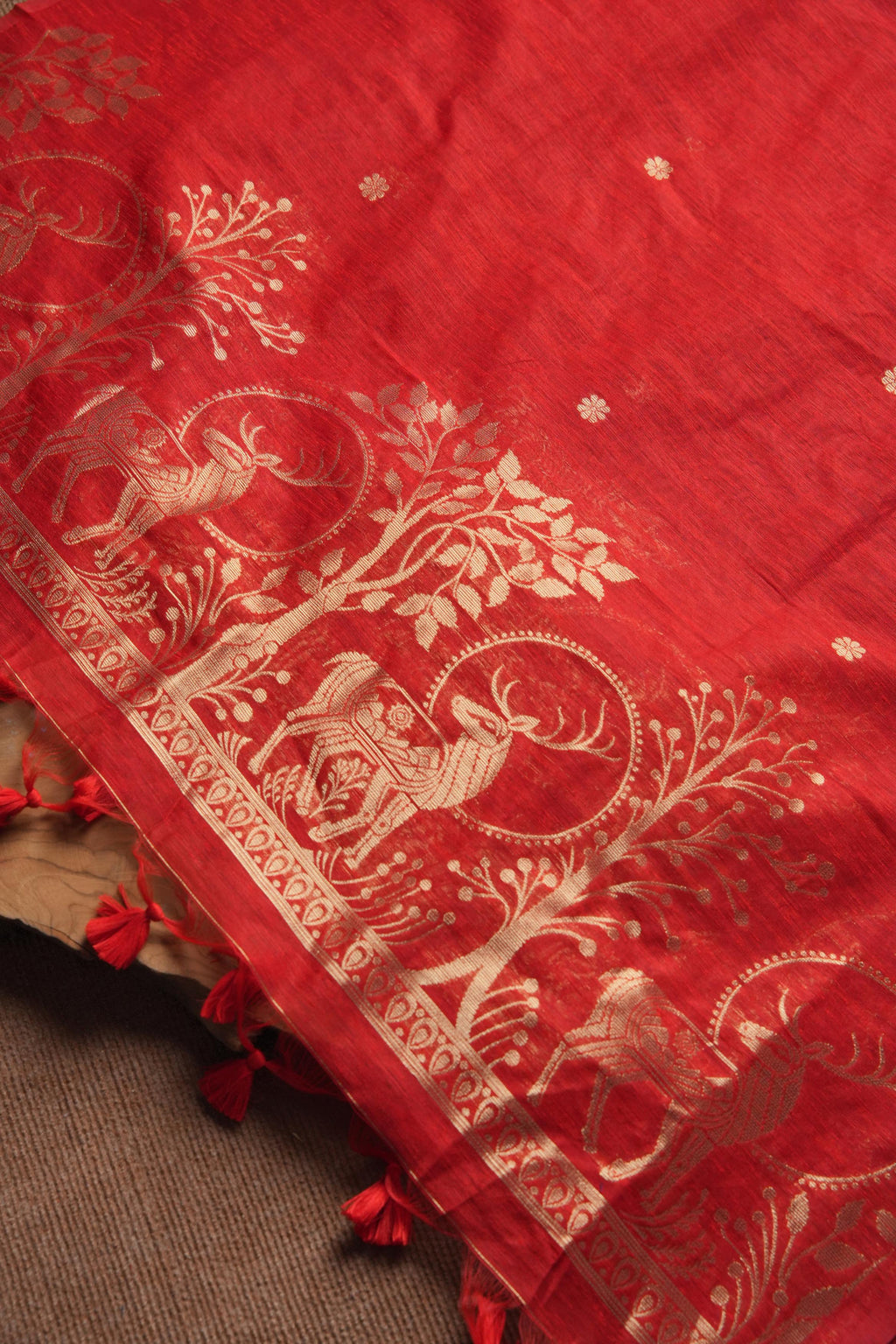 Linen Muslin Golden Zari Unstitched Suit-Red
