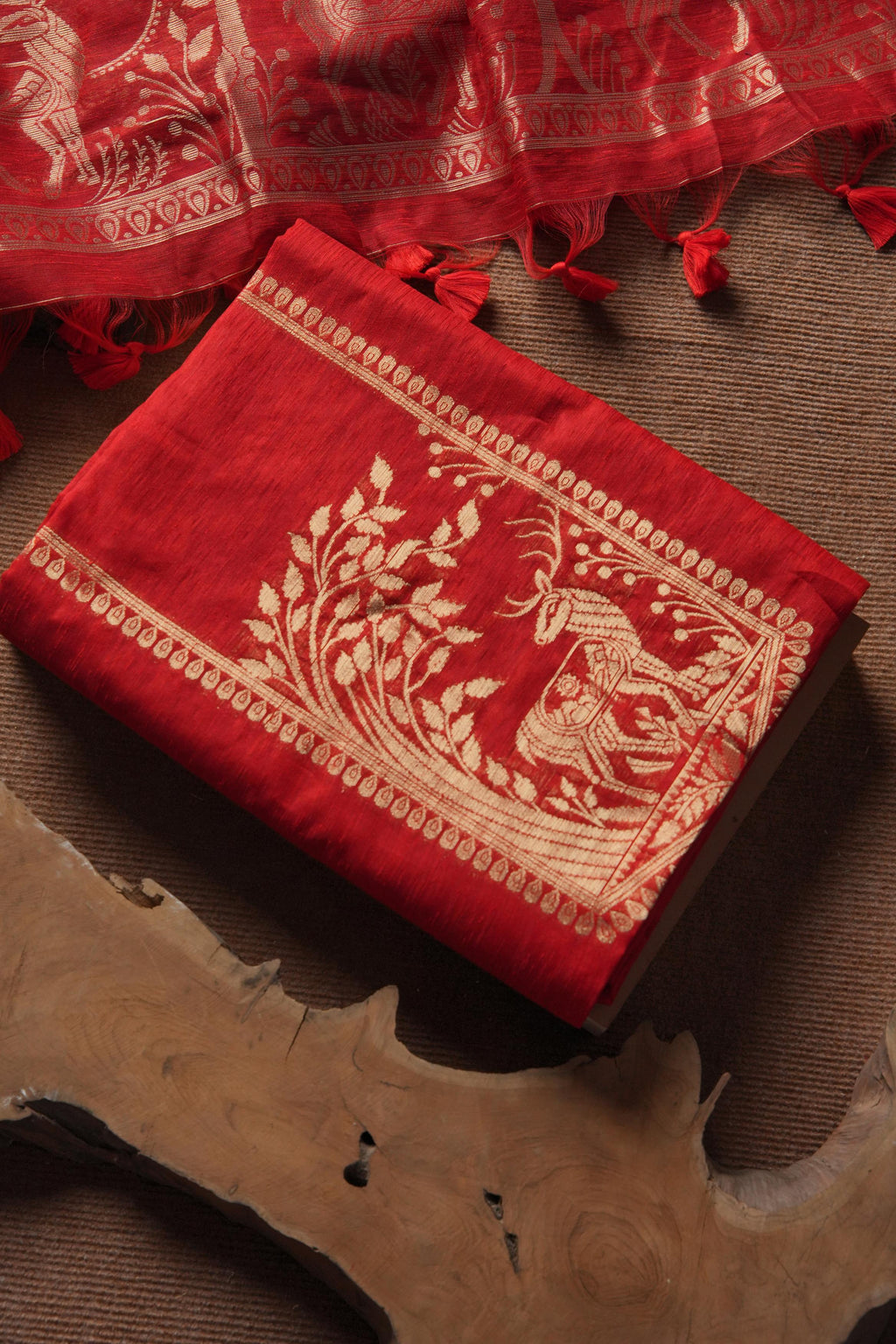 Linen Muslin Golden Zari Unstitched Suit-Red