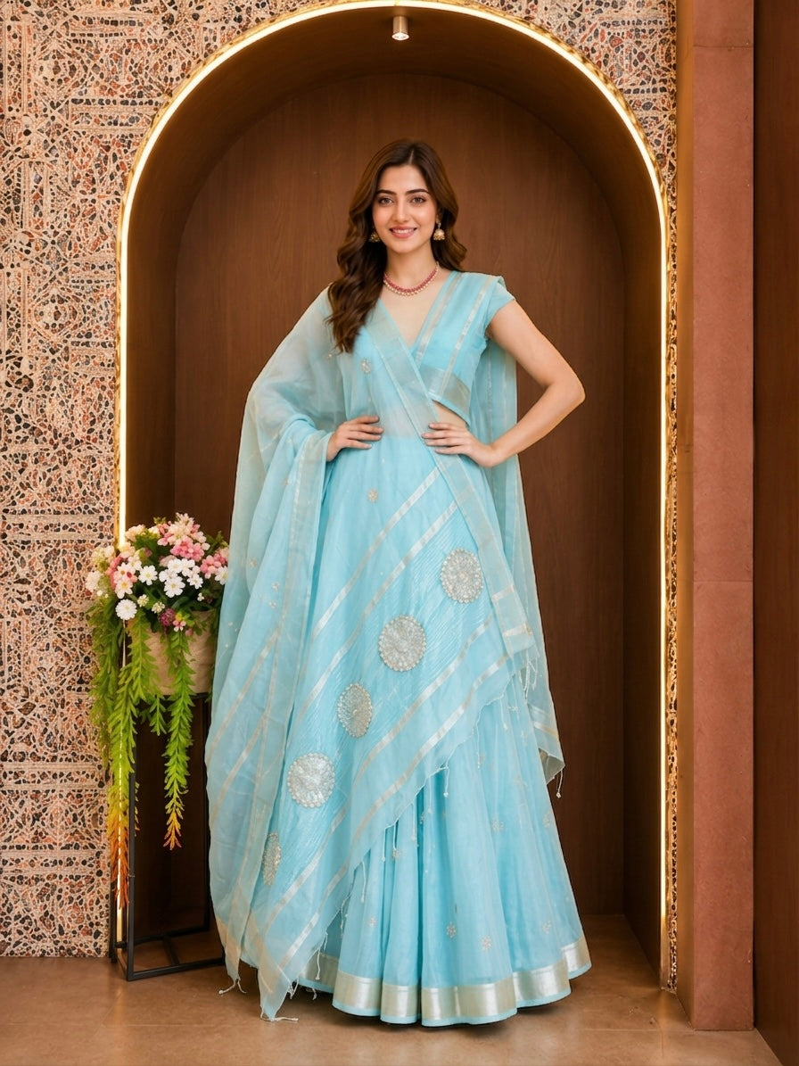 Soft Linen Silk saree with Gota Patti Work - Sky Blue