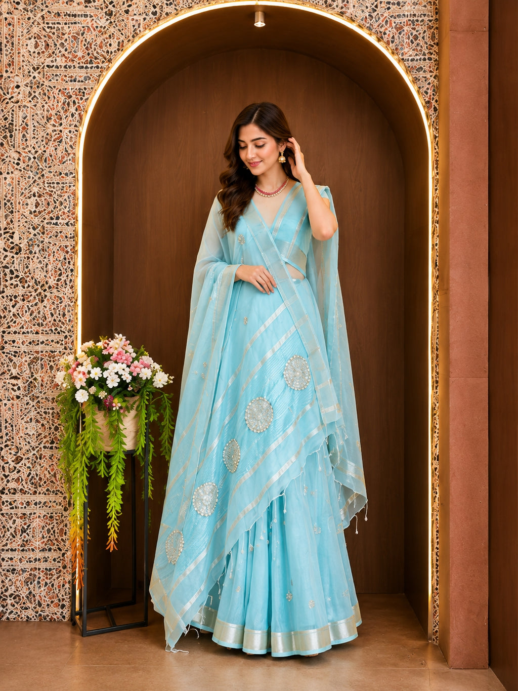 Soft Linen Silk saree with Gota Patti Work - Sky Blue