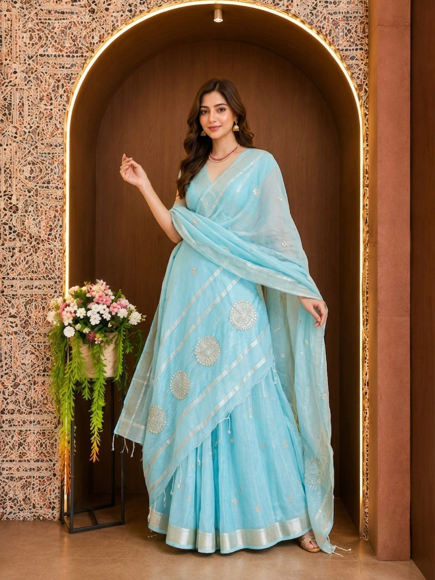 Soft Linen Silk saree with Gota Patti Work - Sky Blue