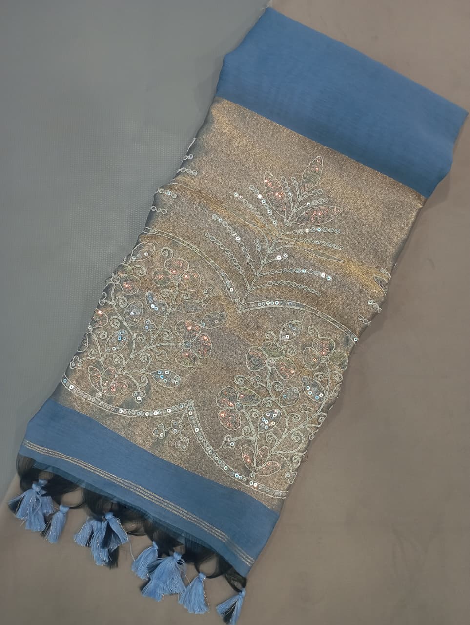 Premium Pure Cotton Saree With Zari Pallu With Heavy Seq -SKY BLUE