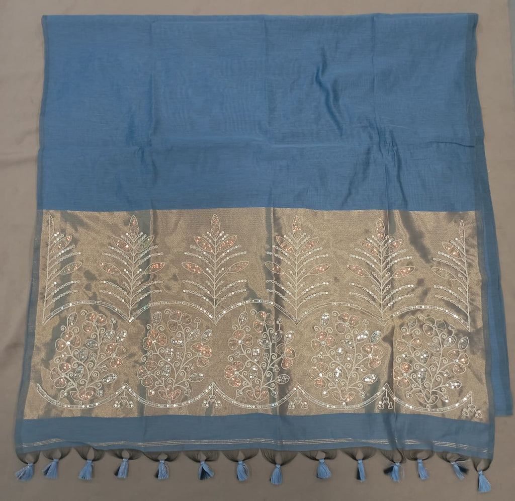 Premium Pure Cotton Saree With Zari Pallu With Heavy Seq -SKY BLUE