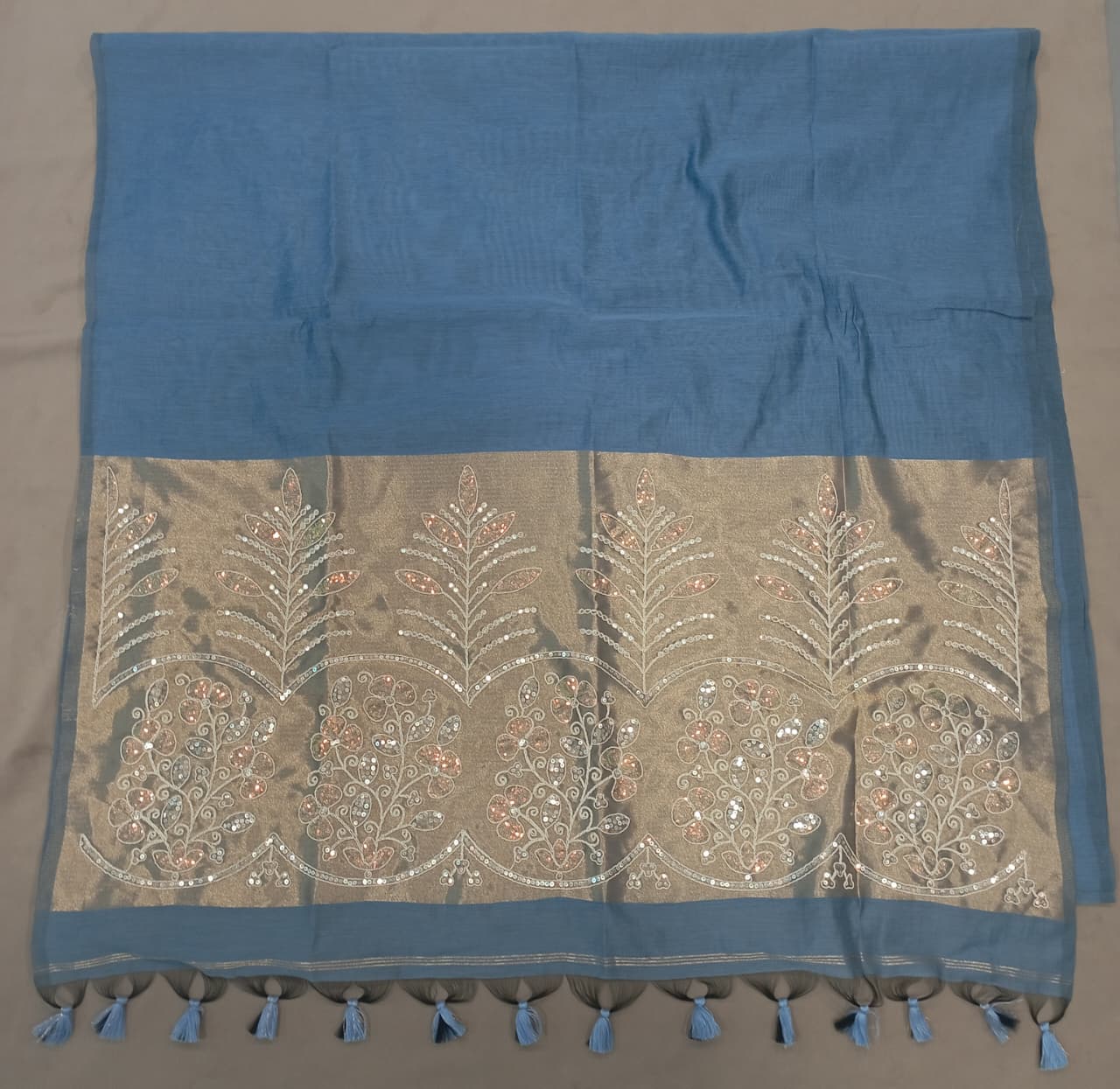 Premium Pure Cotton Saree With Zari Pallu With Heavy Seq -SKY BLUE