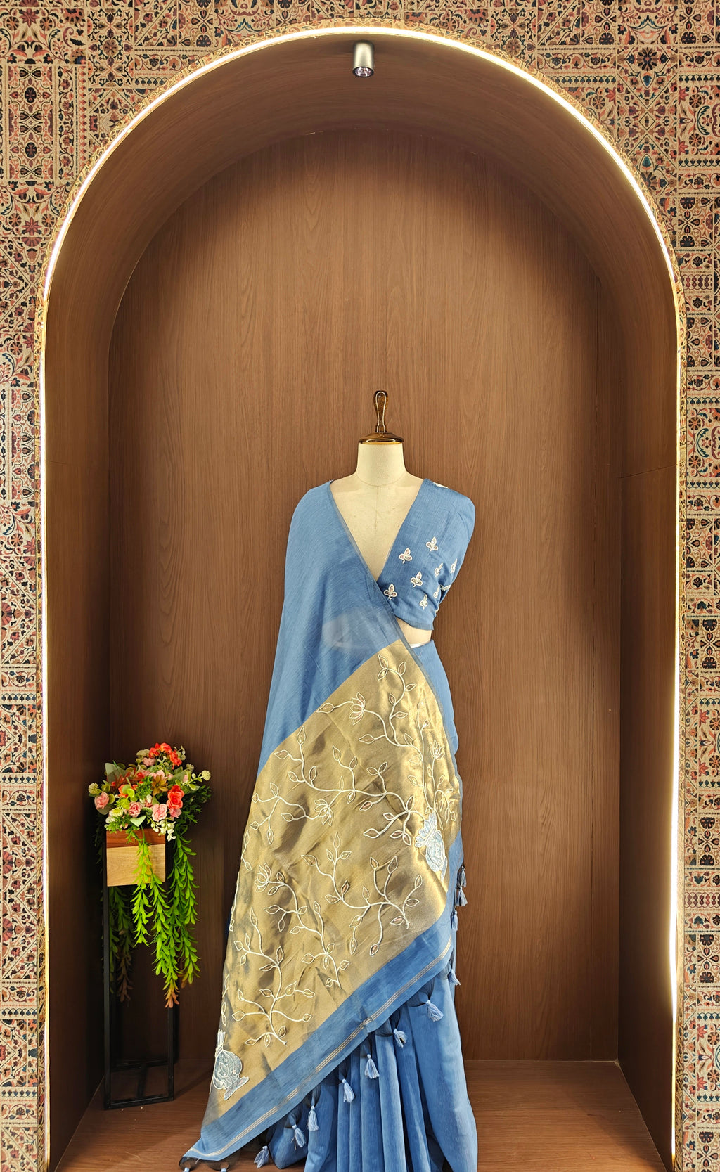 Organza Silk Saree with Heavy Gold Zari Floral Pallu & Embroidery Blouse -Sky Blue