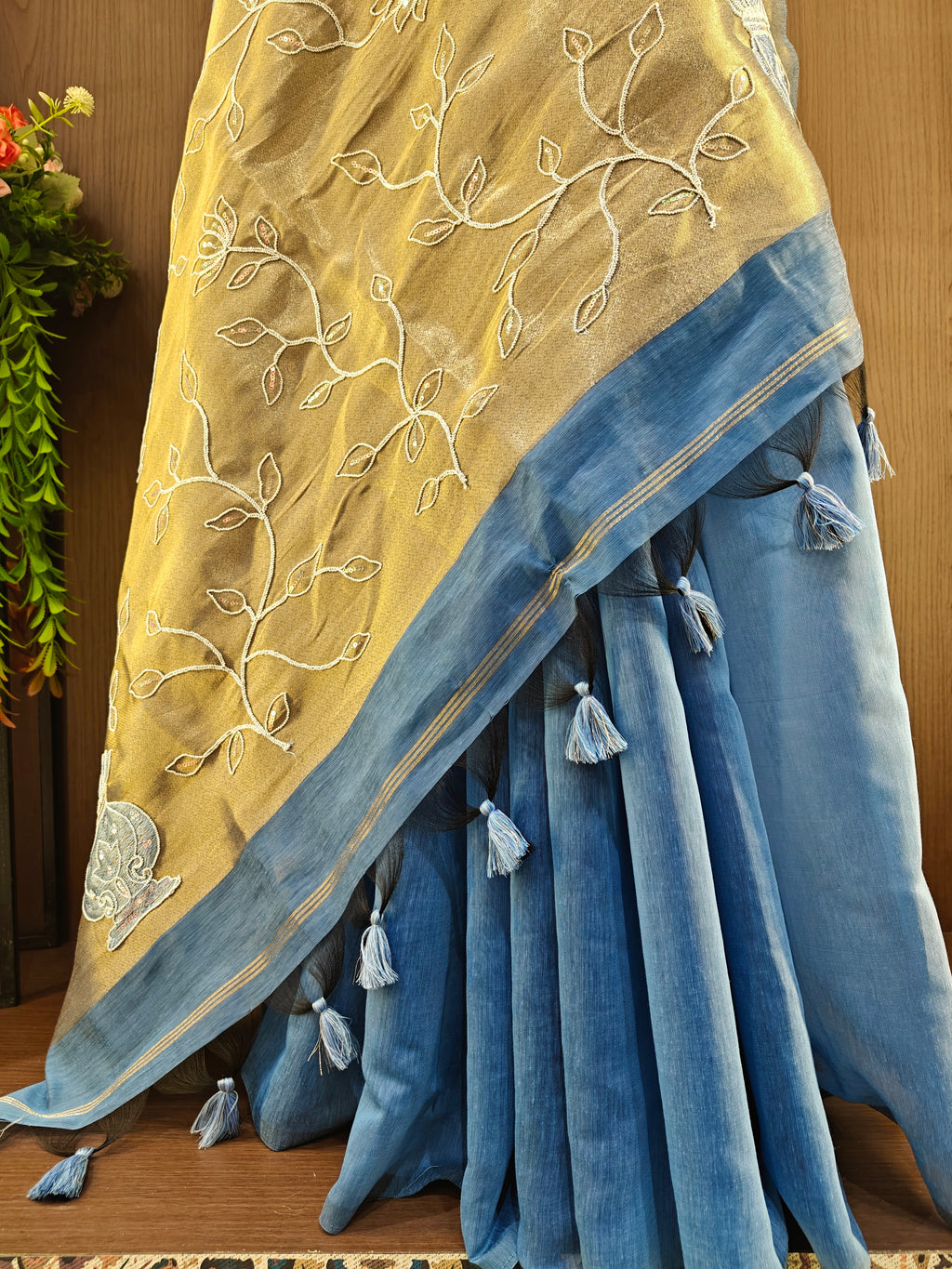 Organza Silk Saree with Heavy Gold Zari Floral Pallu & Embroidery Blouse -Sky Blue