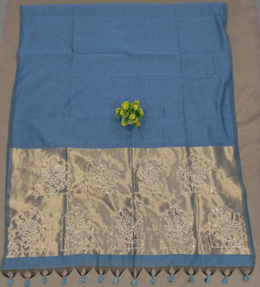 Elegent Pure Cotton Saree With Zari Pallu With Heavy Seq -Sky Blue