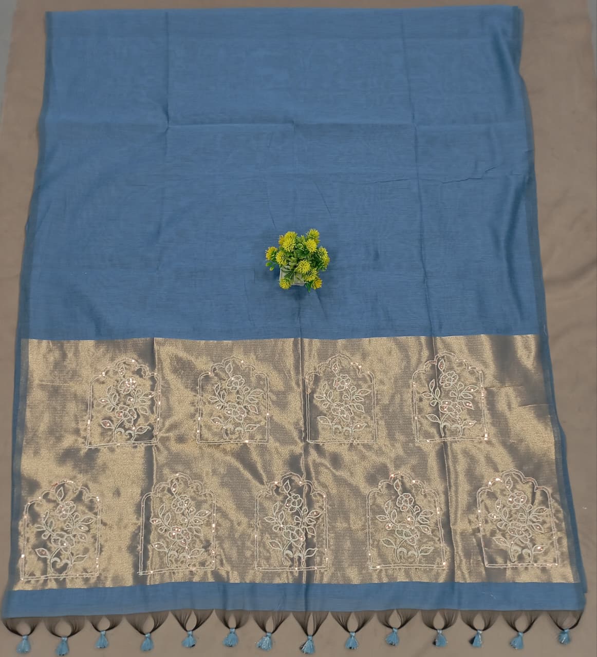 Elegent Pure Cotton Saree With Zari Pallu With Heavy Seq -Sky Blue