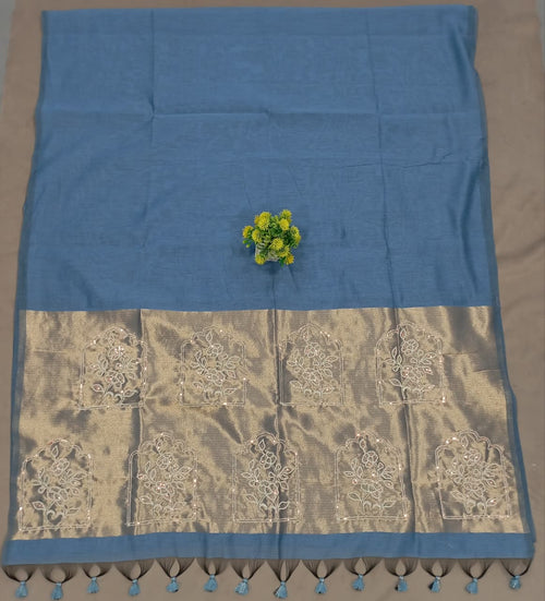 Elegent Pure Cotton Saree With Zari Pallu With Heavy Seq -Sky Blue