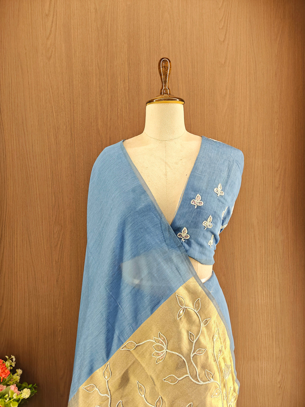 Organza Silk Saree with Heavy Gold Zari Floral Pallu & Embroidery Blouse -Sky Blue