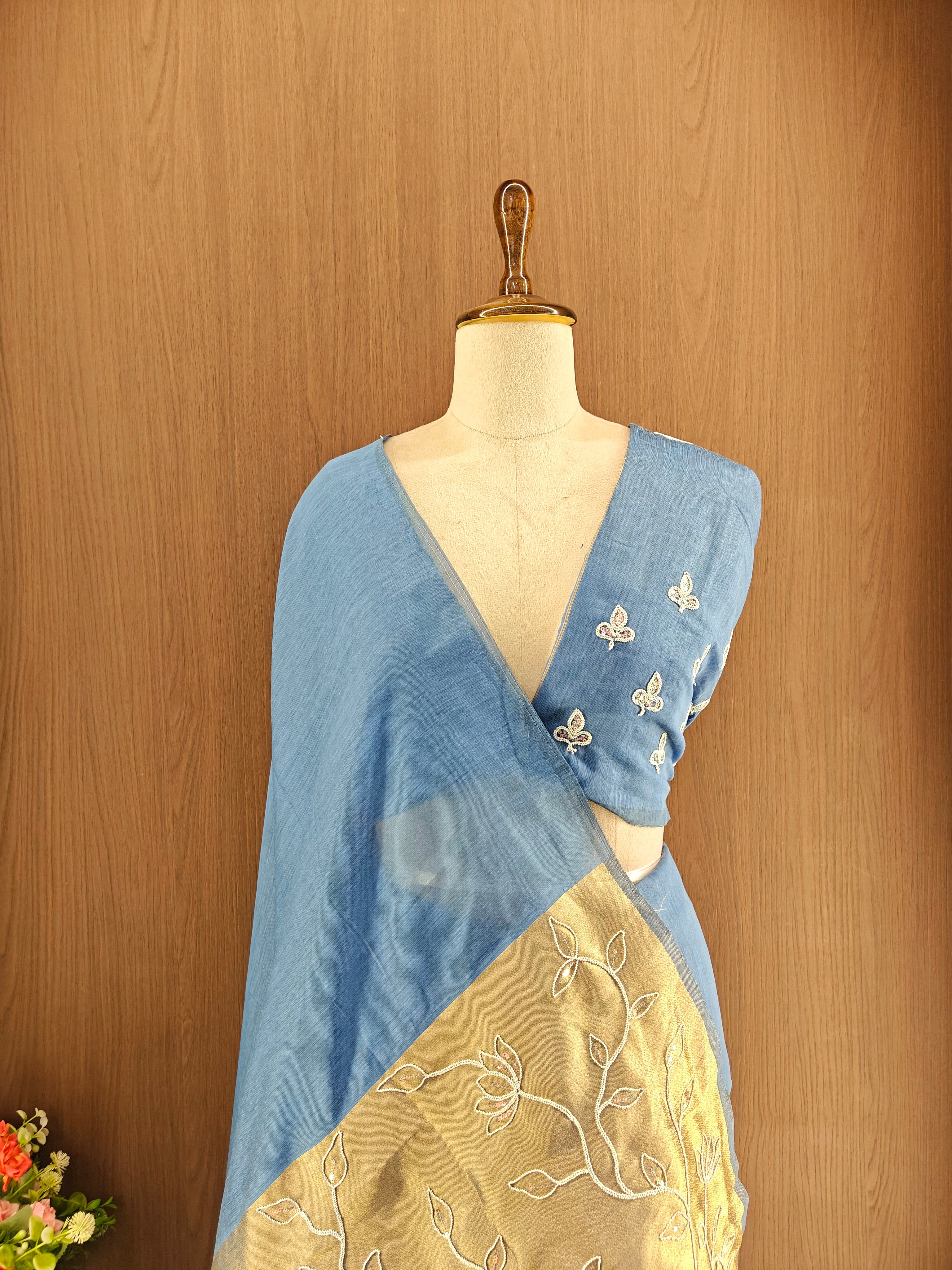 Organza Silk Saree with Heavy Gold Zari Floral Pallu & Embroidery Blouse -Sky Blue