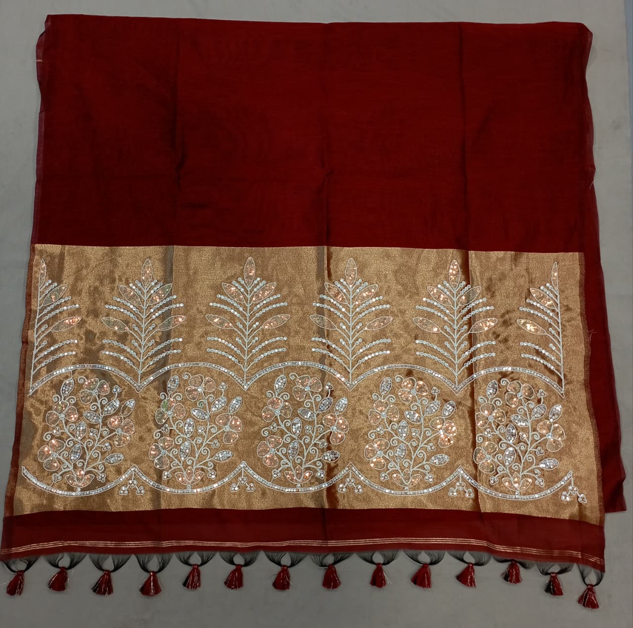 Premium Pure Cotton Saree With Zari Pallu With Heavy Seq -WINE