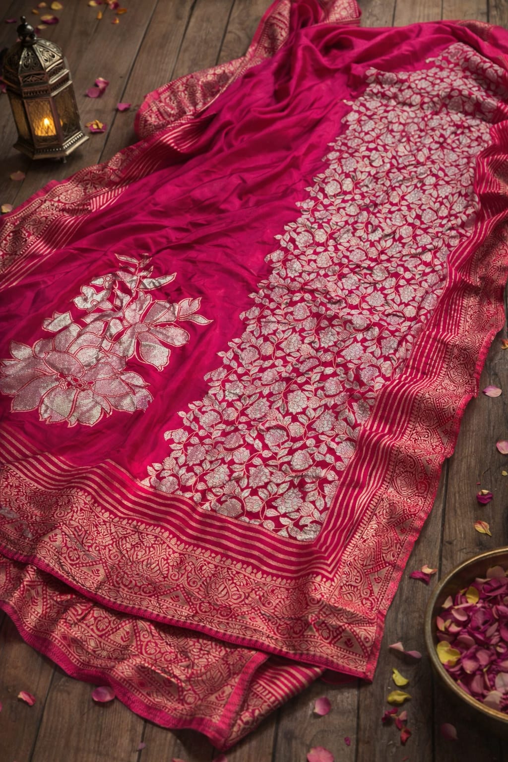 Royal Crimson Banarasi Silk Saree with Antique Gold Floral Weave