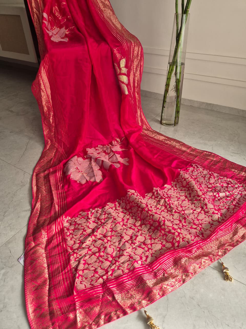 Royal Crimson Banarasi Silk Saree with Antique Gold Floral Weave