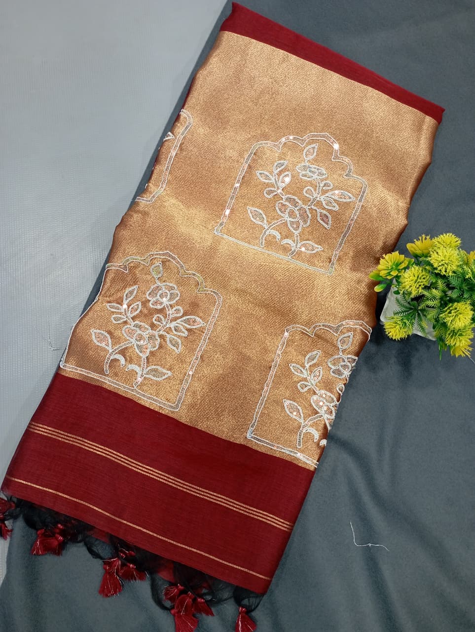Elegent Pure Cotton Saree With Zari Pallu With Heavy Seq -Wine