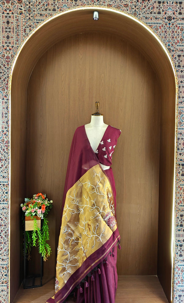 Organza Silk Saree with Heavy Gold Zari Floral Pallu & Embroidery Blouse -wine