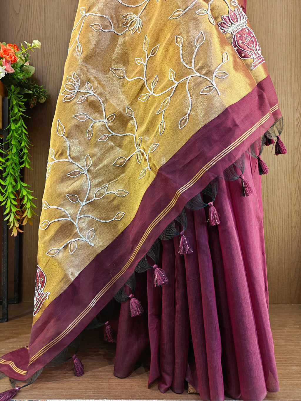 Organza Silk Saree with Heavy Gold Zari Floral Pallu & Embroidery Blouse -wine