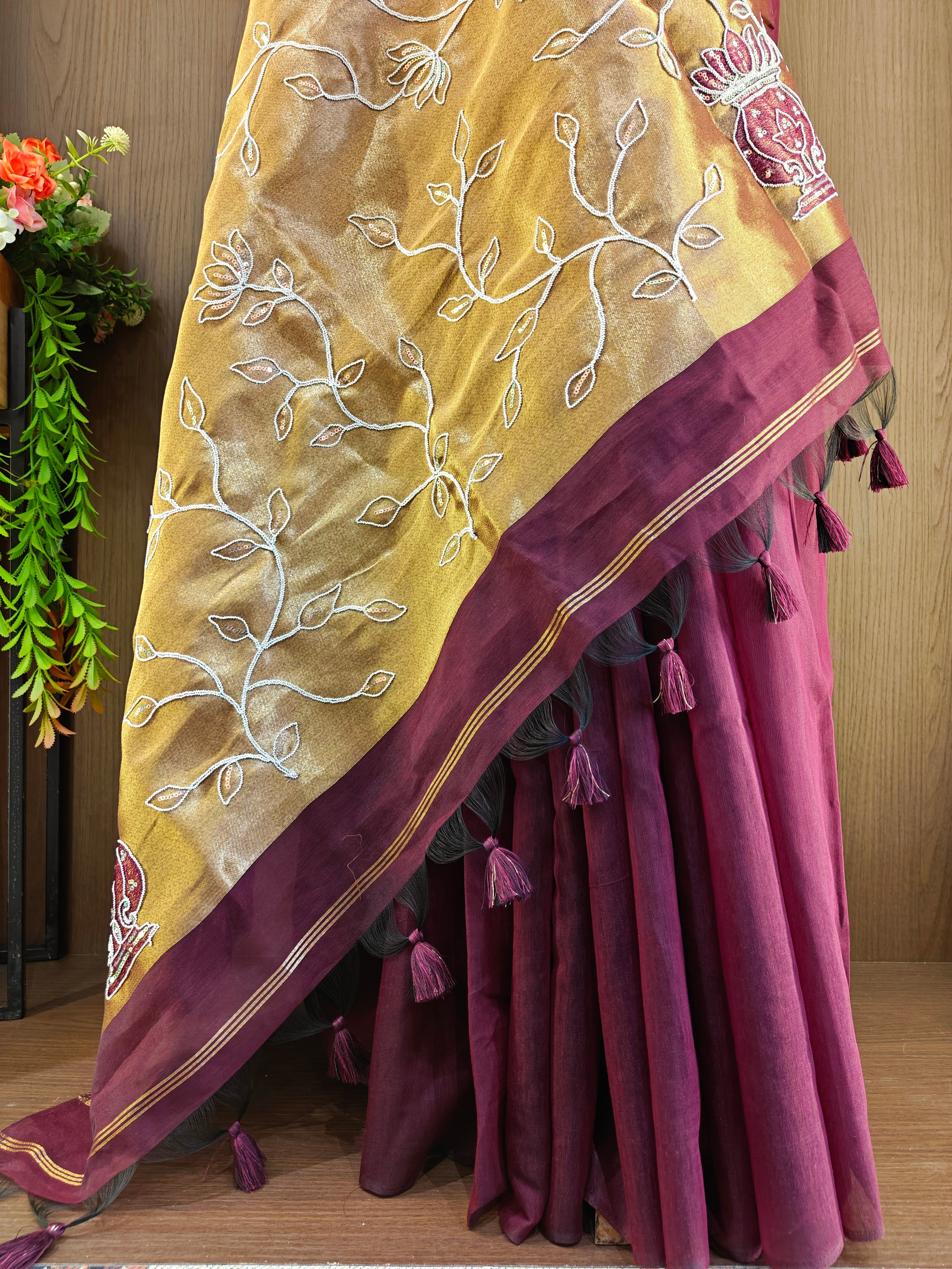 Organza Silk Saree with Heavy Gold Zari Floral Pallu & Embroidery Blouse -wine