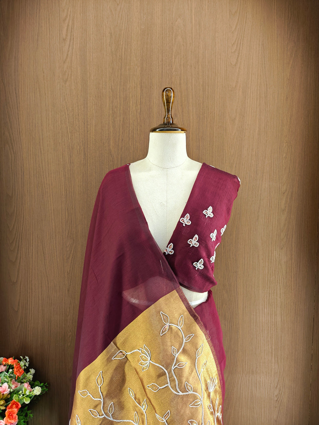 Organza Silk Saree with Heavy Gold Zari Floral Pallu & Embroidery Blouse -wine