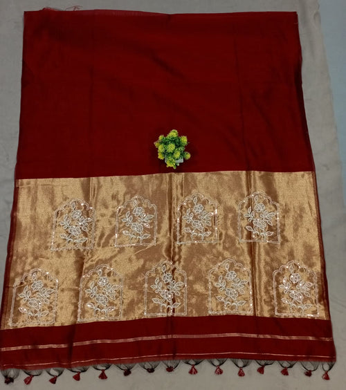 Elegent Pure Cotton Saree With Zari Pallu With Heavy Seq -Wine