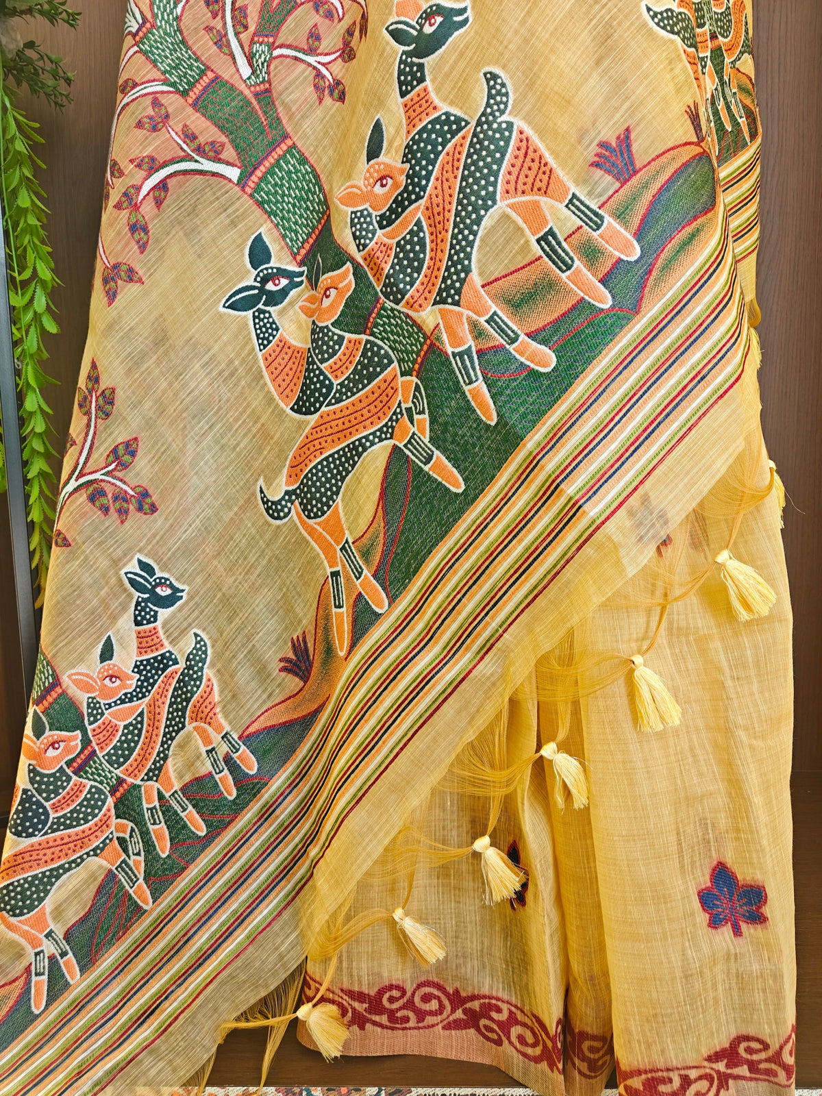 Designer Muga Cotton Saree with Warli Inspired Border-YELLOW