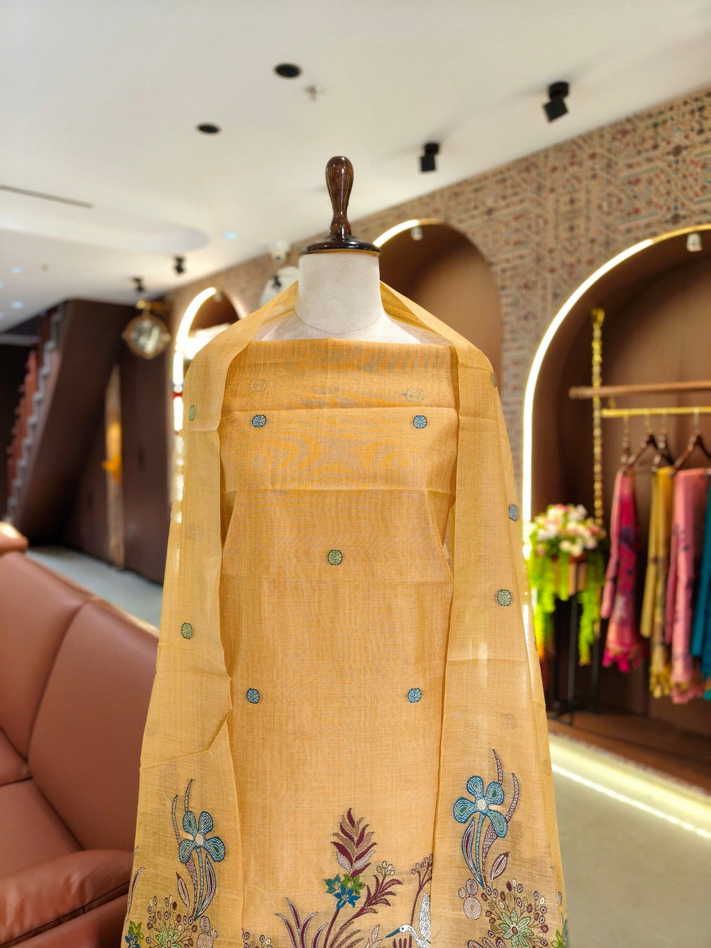 Muga Cotton Ghicha Jamdani Unstitched Suit- Yellow