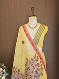 Designer Muga Cotton Saree with Warli Inspired Border-YELLOW