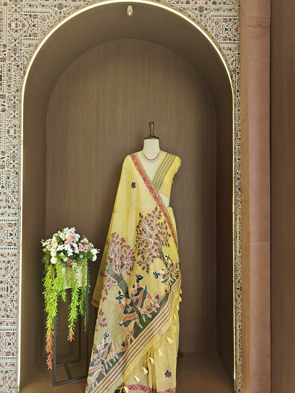 Designer Muga Cotton Saree with Warli Inspired Border-YELLOW