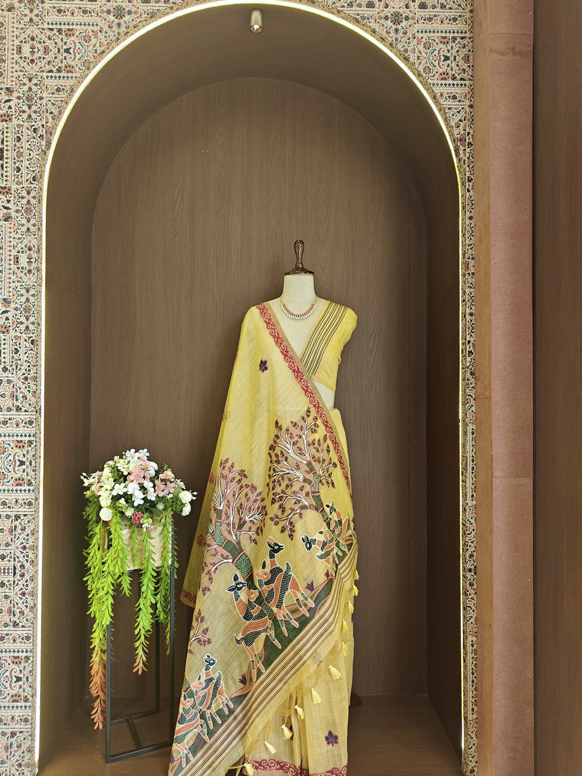 Designer Muga Cotton Saree with Warli Inspired Border-YELLOW