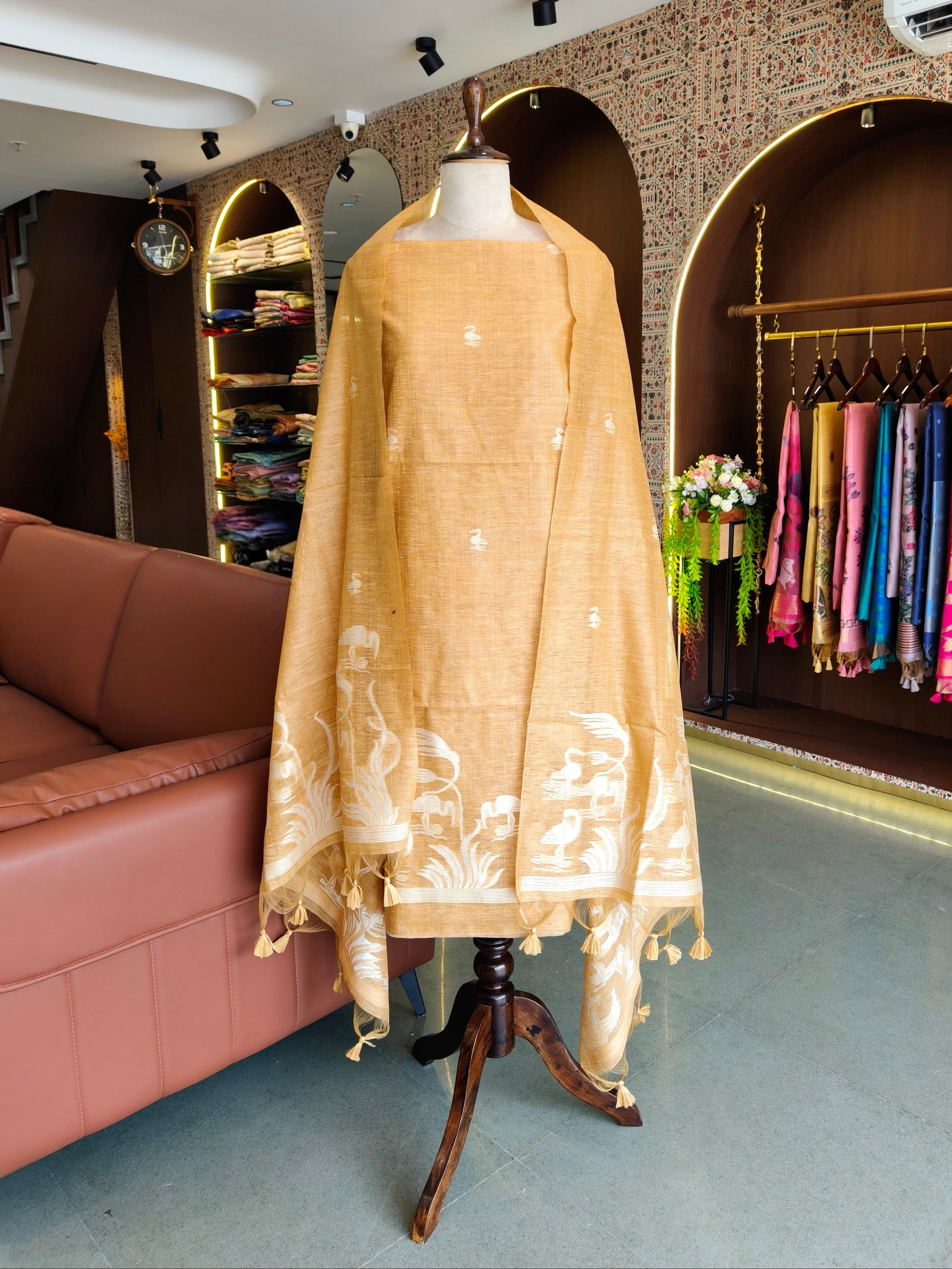 Luxury Linen Muslin Silk Unstitched Suit- Yellow