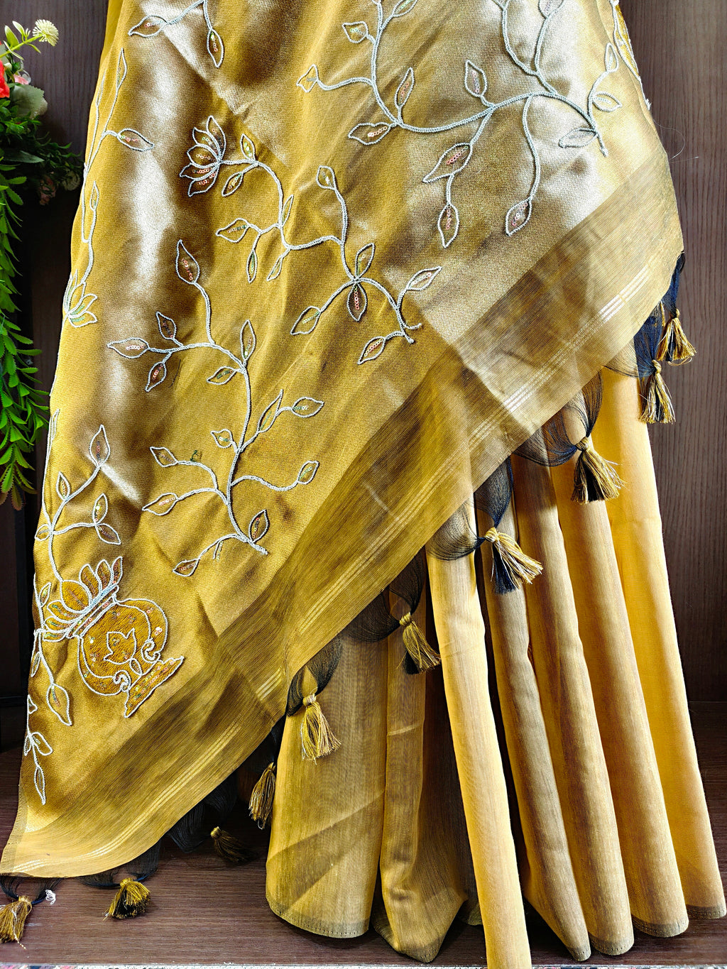 Organza Silk Saree with Heavy Gold Zari Floral Pallu & Embroidery Blouse -YELLOW