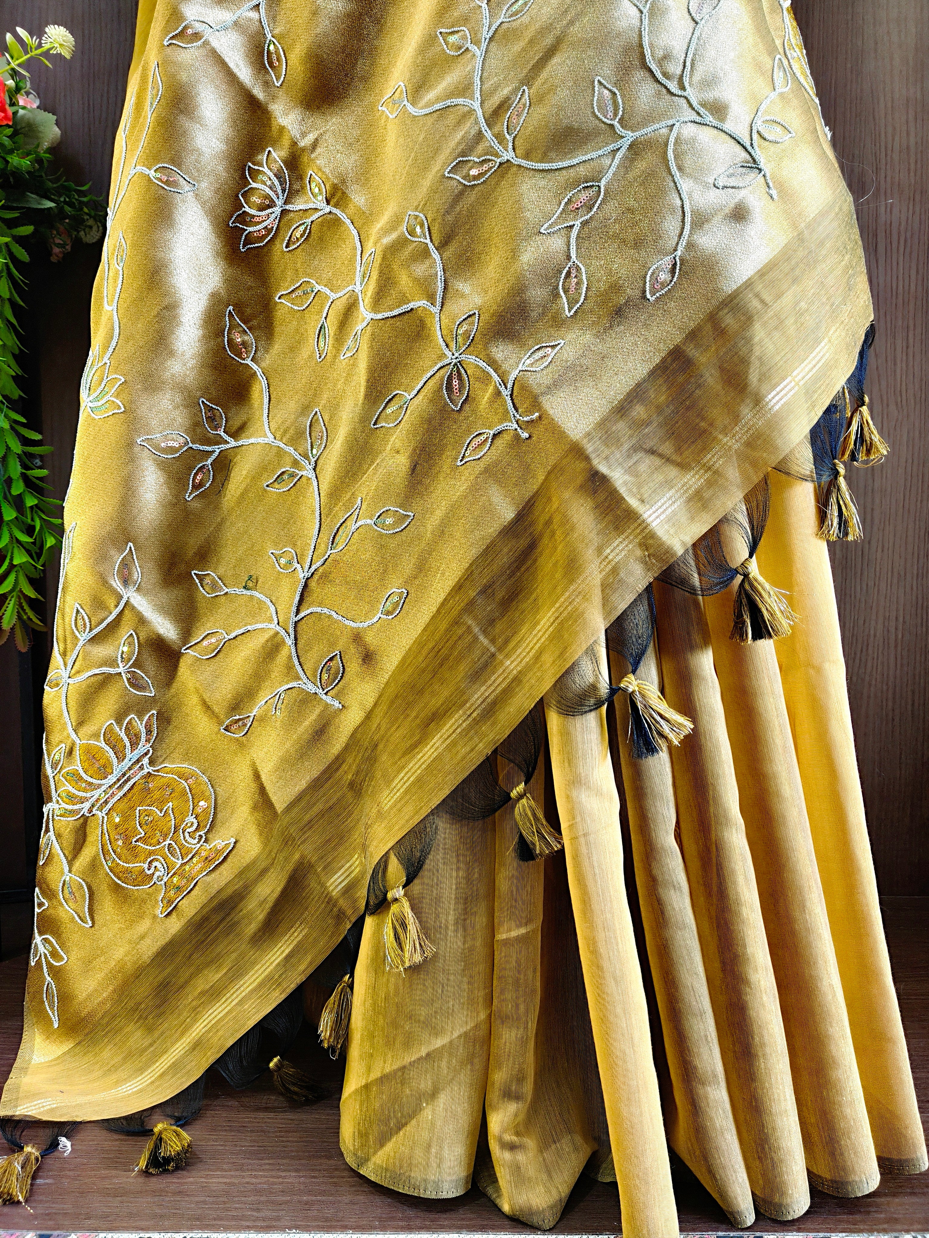 Organza Silk Saree with Heavy Gold Zari Floral Pallu & Embroidery Blouse -YELLOW