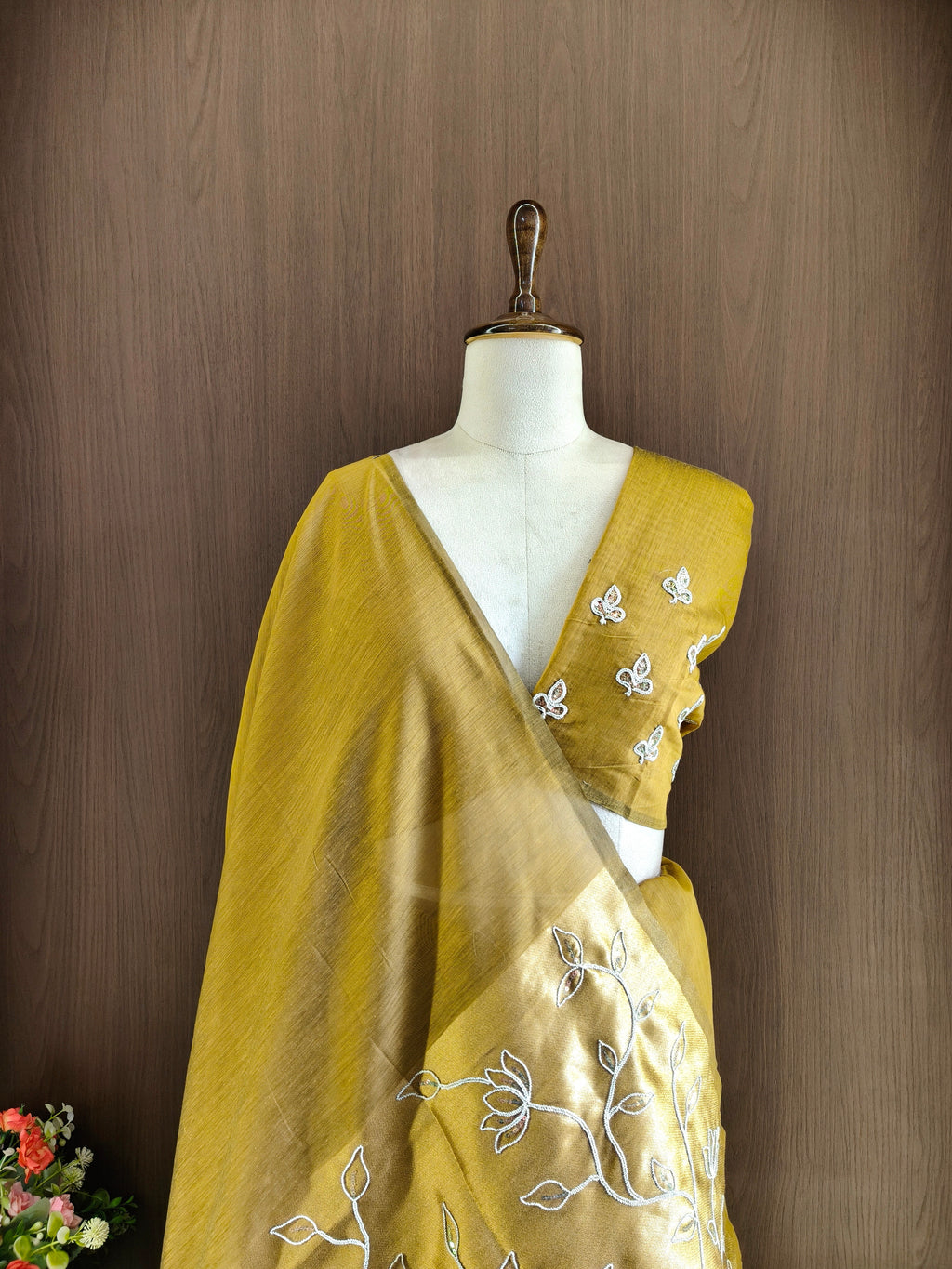 Organza Silk Saree with Heavy Gold Zari Floral Pallu & Embroidery Blouse -YELLOW