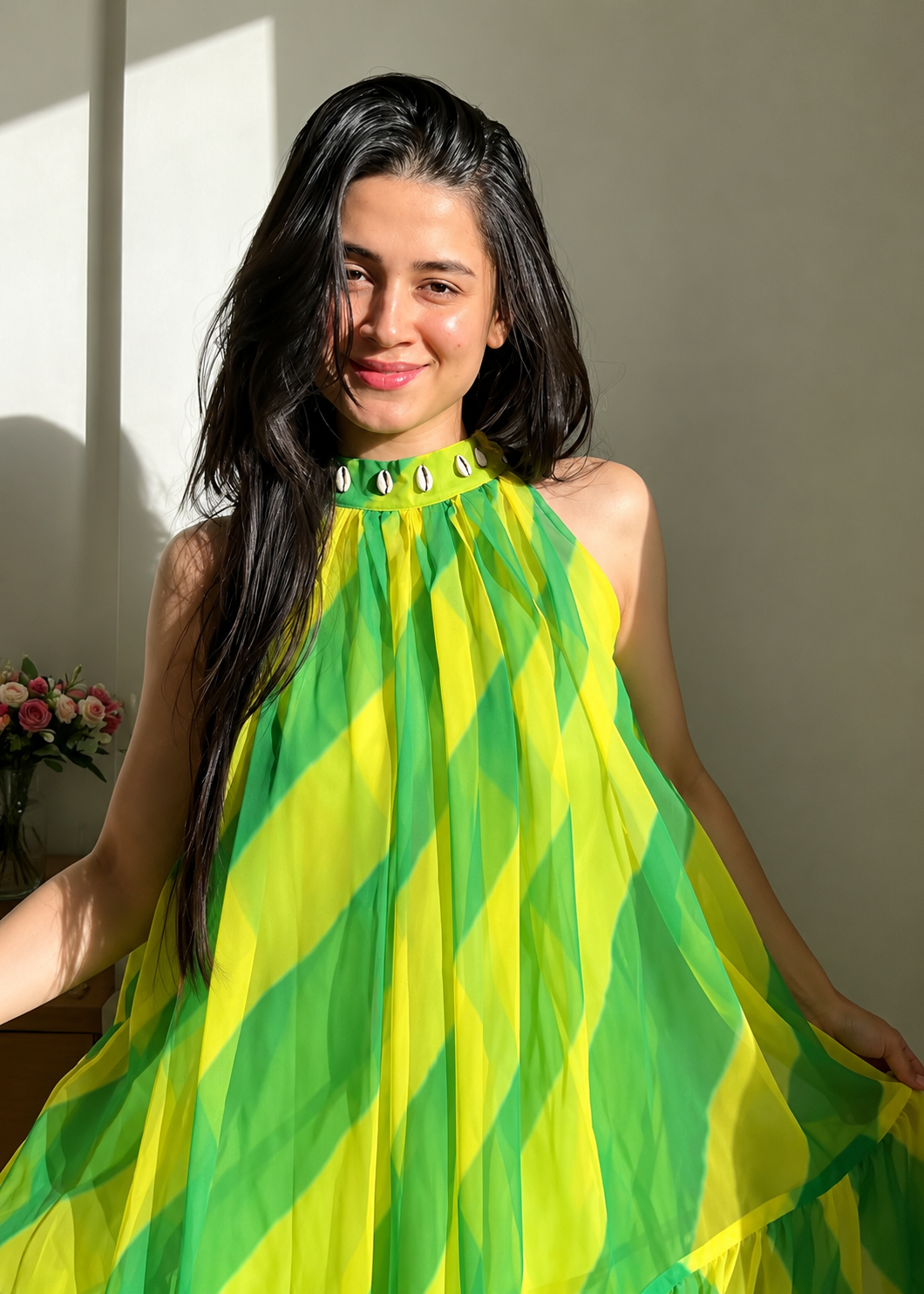 Lightweight Chiffon Maxi Tulle Gown In Green Color