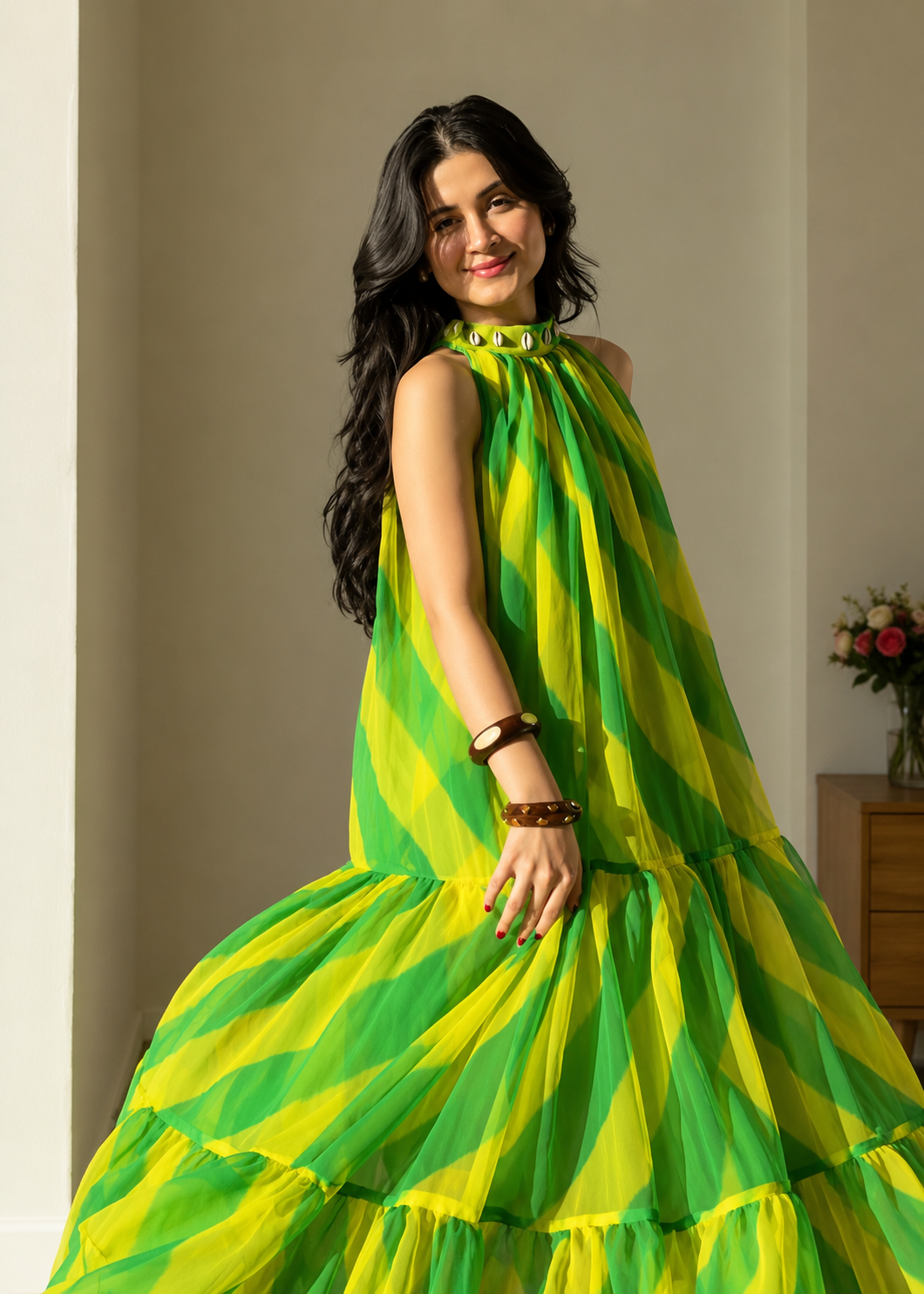 Lightweight Chiffon Maxi Tulle Gown In Green Color