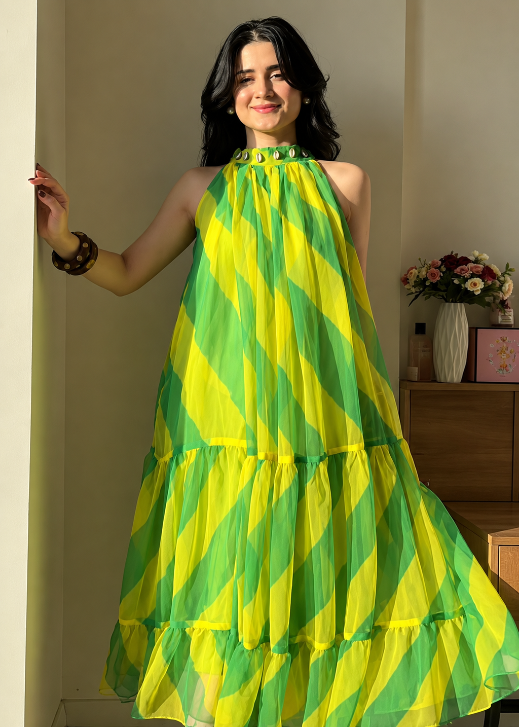 Lightweight Chiffon Maxi Tulle Gown In Green Color