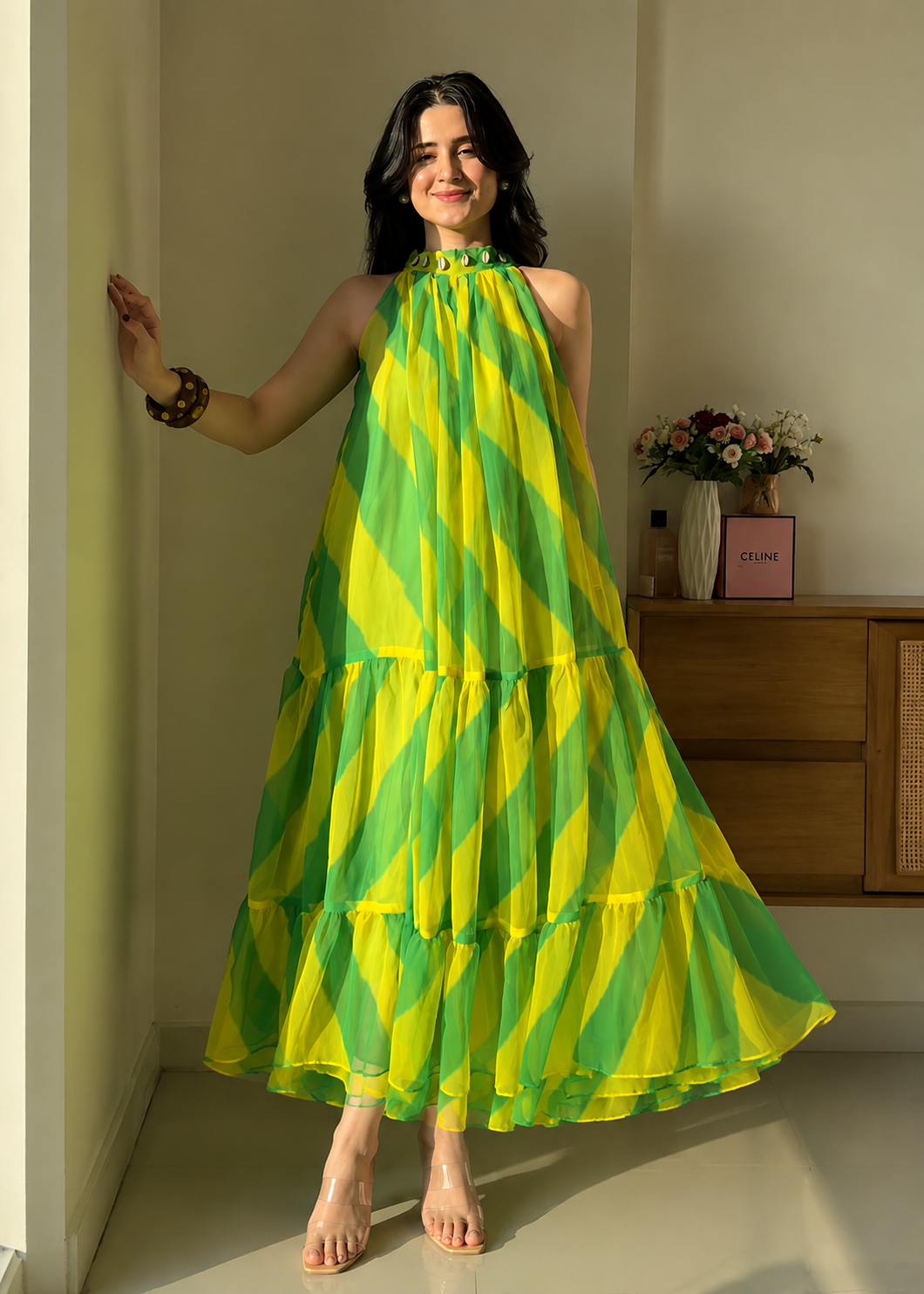 Lightweight Chiffon Maxi Tulle Gown In Green Color