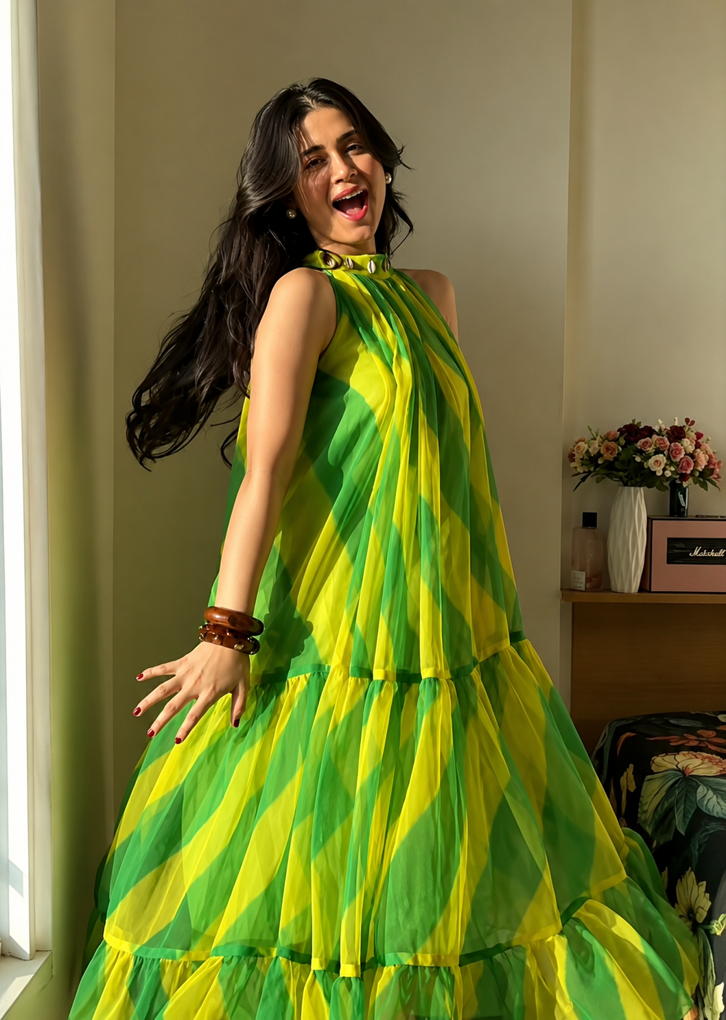 Lightweight Chiffon Maxi Tulle Gown In Green Color