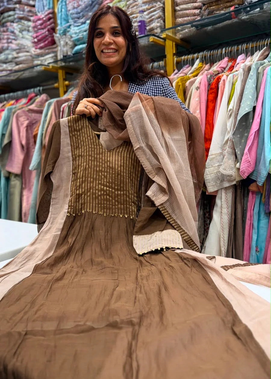 Embroidered Mul Chanderi Anarkali Kurta Set - Brown