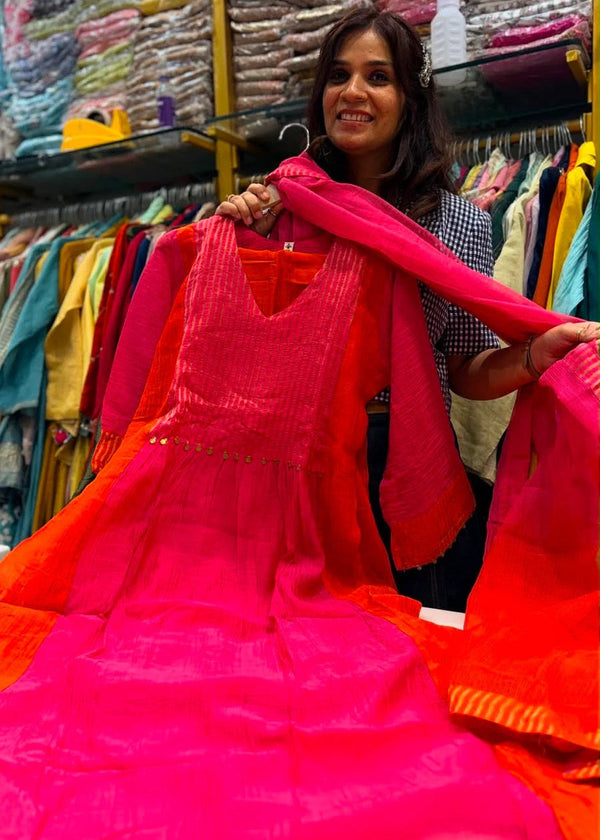 Embroidered Mul Chanderi Anarkali Kurta Set - Pink