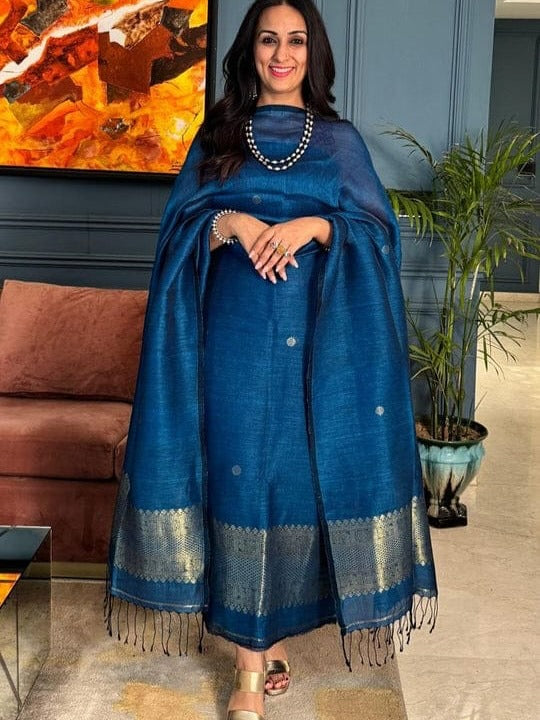 Jayshree Linen Golden zari unstitched suit - Navy Blue