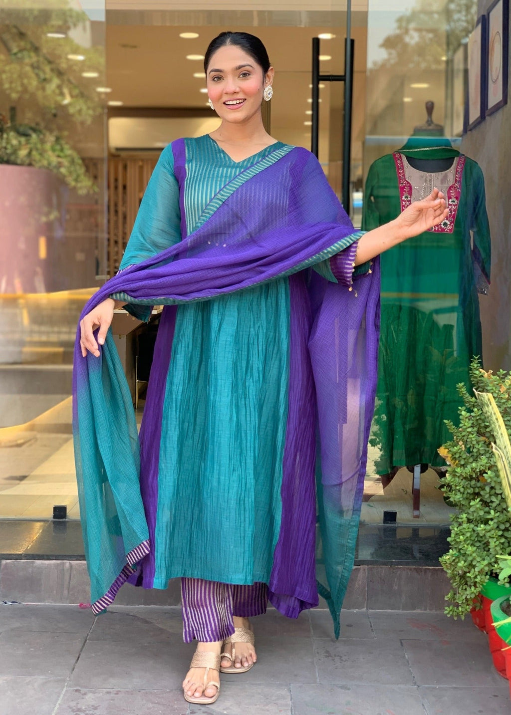 Embroidered Mul Chanderi Anarkali Kurta Set -Rama
