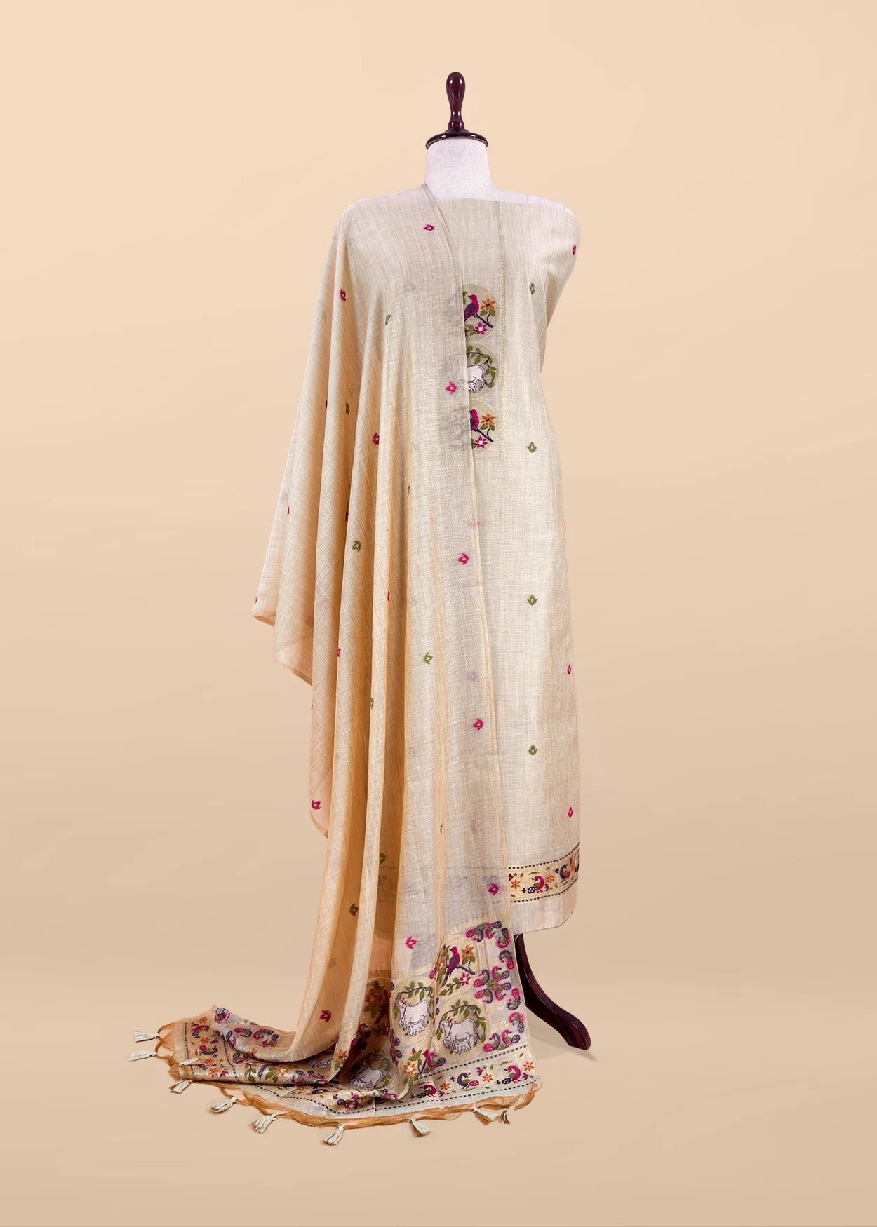 Chiku Linen Chanderi Suit With Cow Pichwai Jamdani Weaving