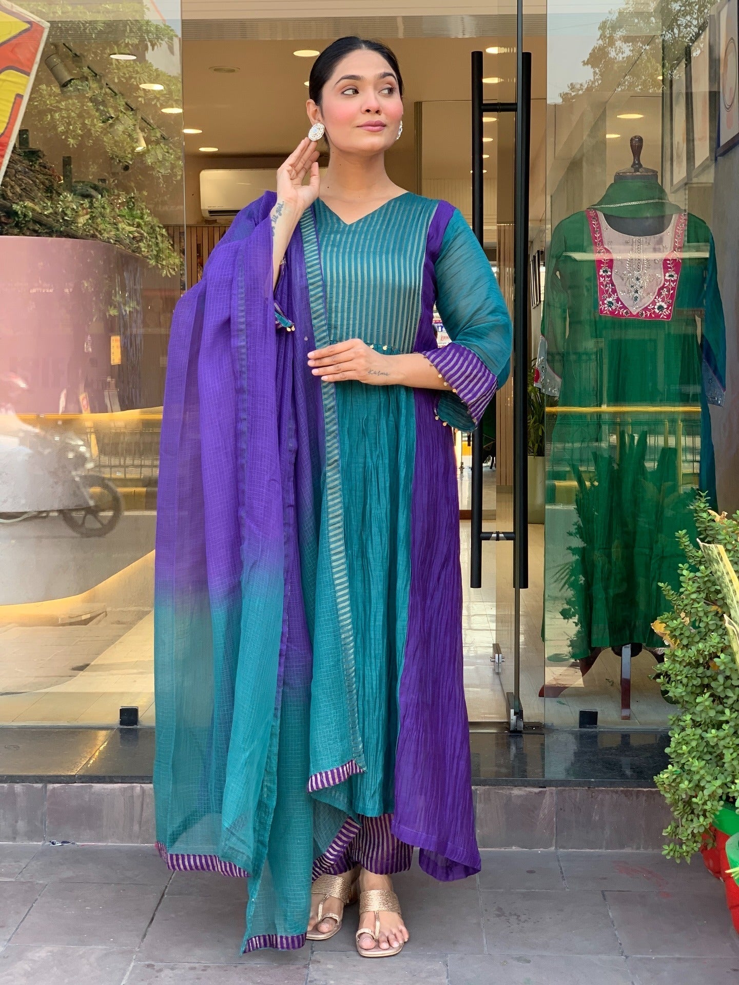 Embroidered Mul Chanderi Anarkali Kurta Set -Rama