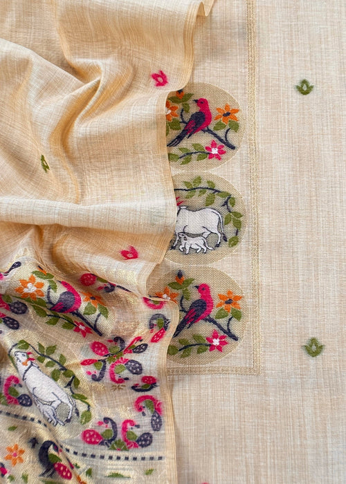 Chiku Linen Chanderi Suit With Cow Pichwai Jamdani Weaving